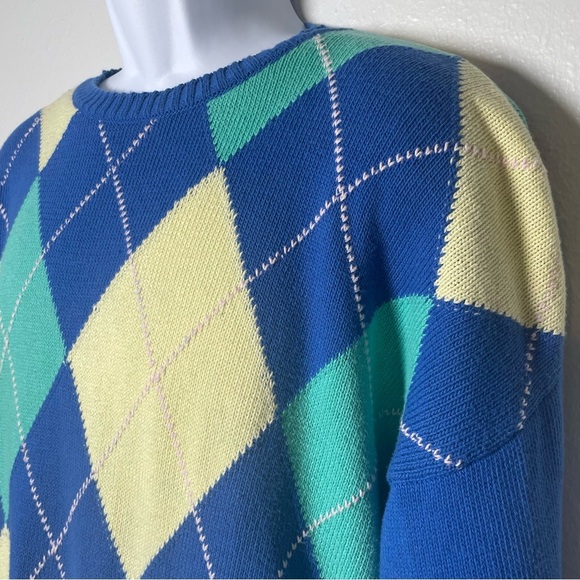 Benetton Sweater Mens Argyle Blue Pink Yellow Made In Italy Cotton Knit Size XL - Picture 1 of 7